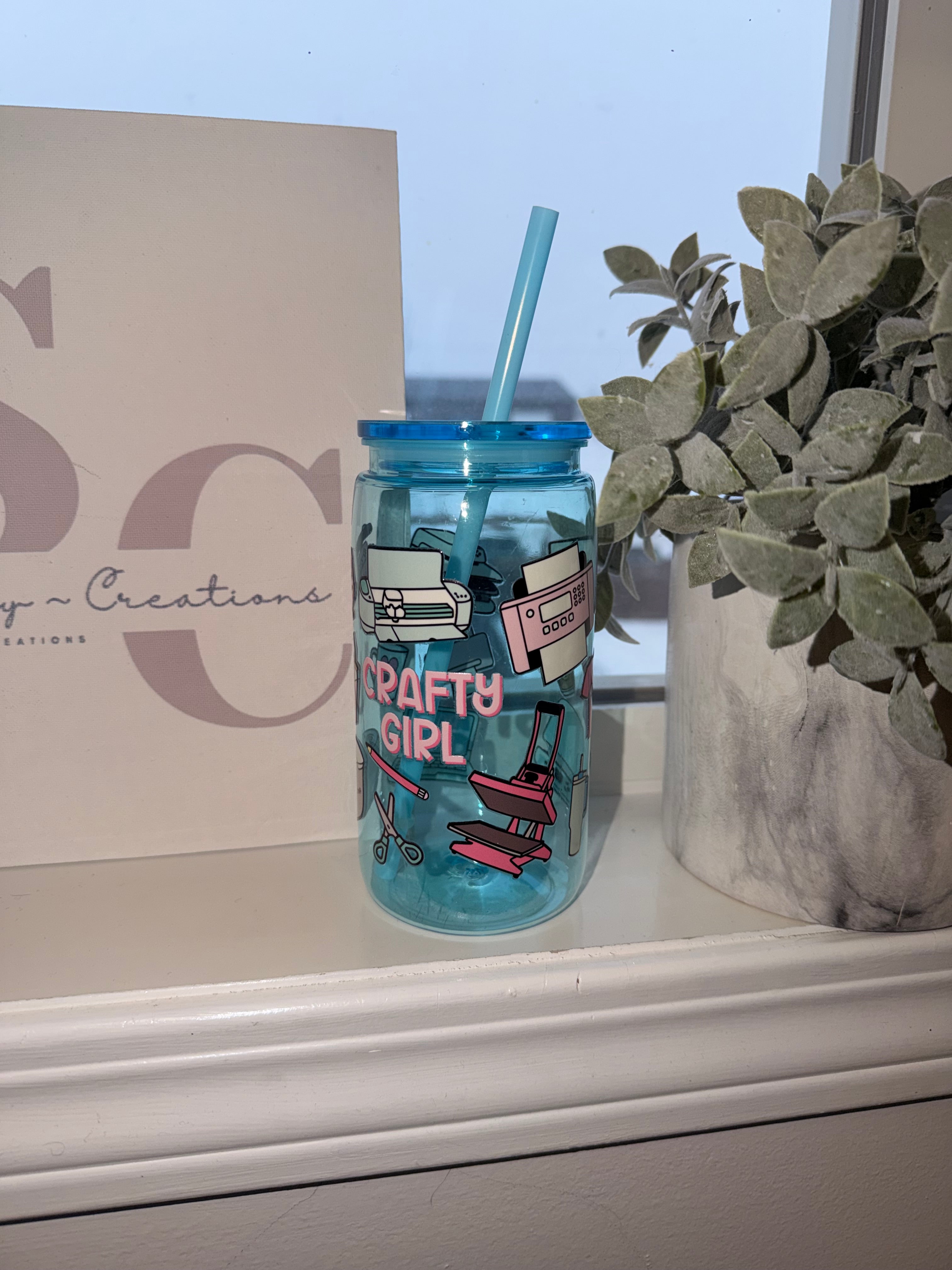 16oz Plastic Blue Tumbler -Crafty Girl