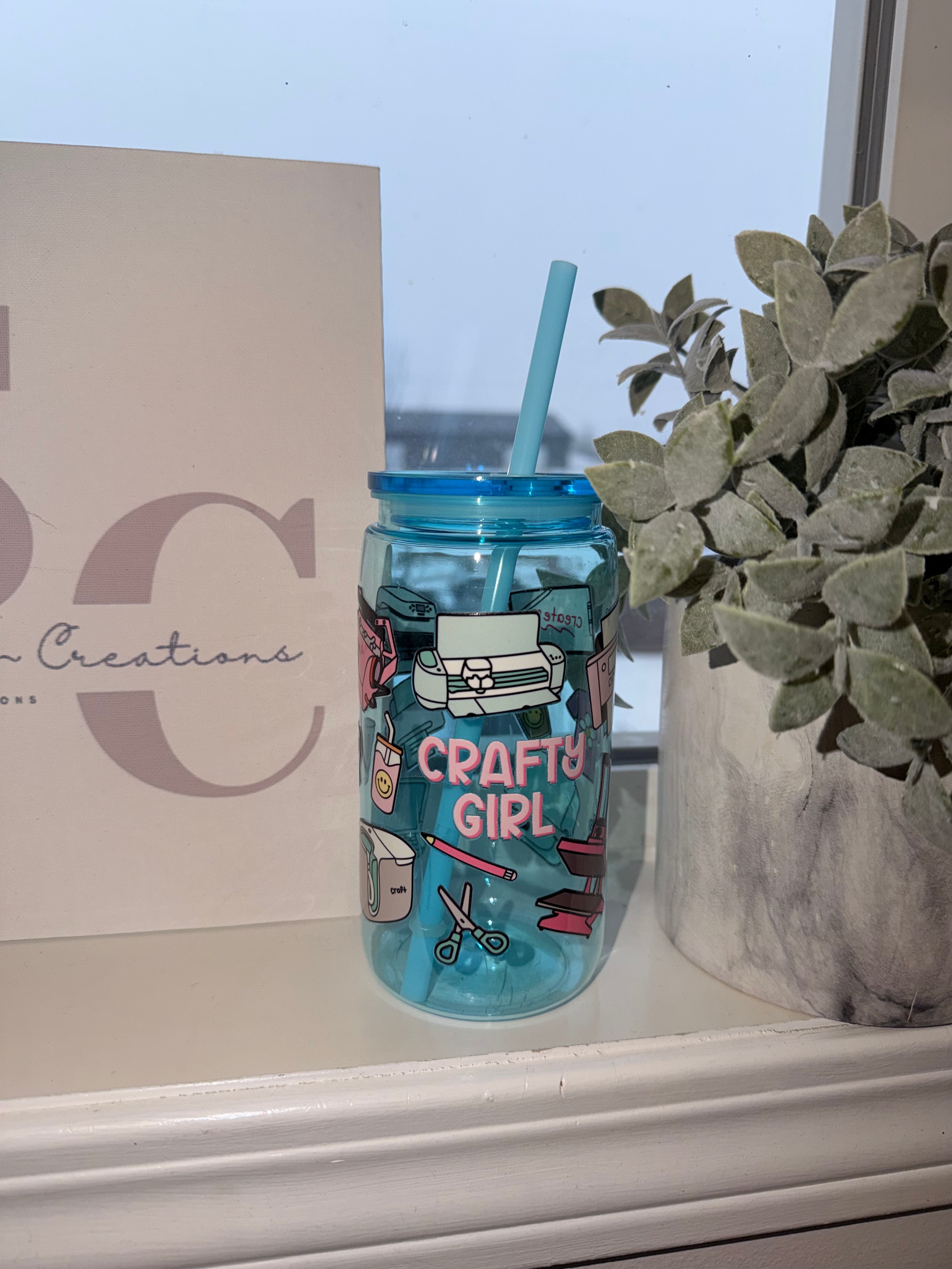 16oz Plastic Blue Tumbler -Crafty Girl