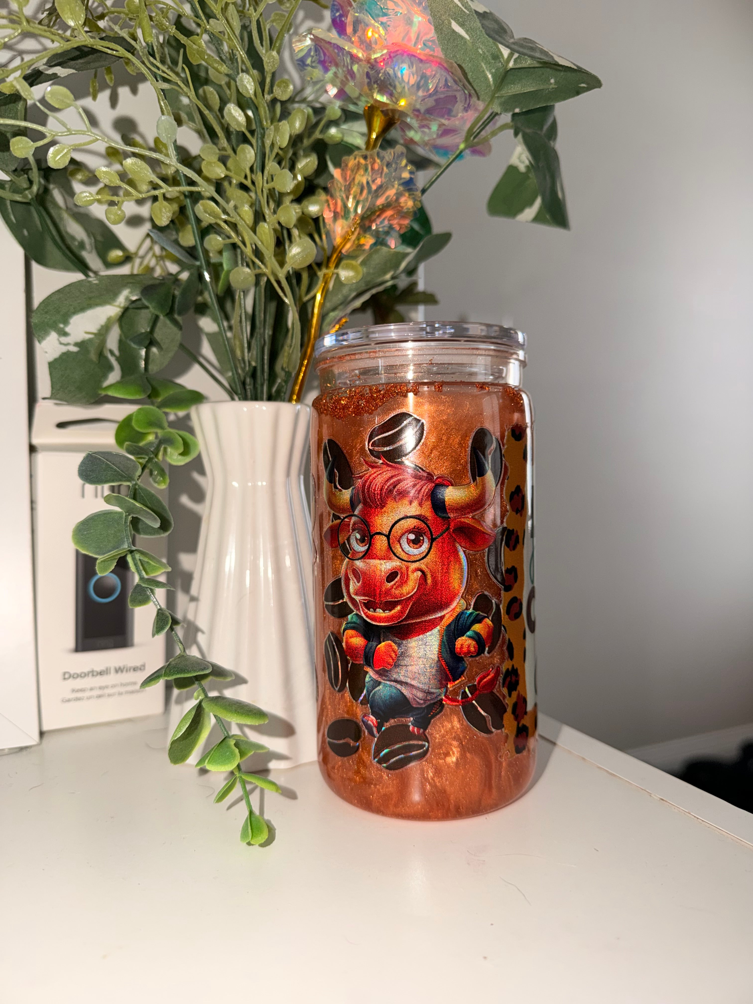 16oz Snowglobe Tumbler- life happens, coffee helps cow