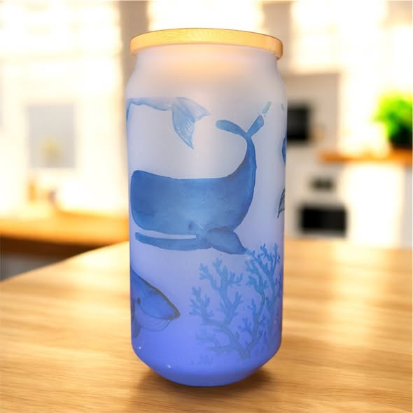 16oz Frosted Ombre Sublimated Glass Cup- Whale On Dark Blue