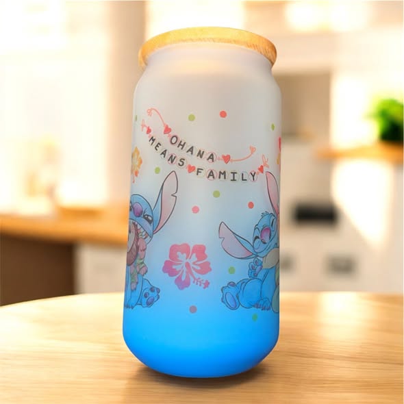 16oz Frosted Ombre Sublimated Glass Cup -  Lilo and Stitch in Light Blue