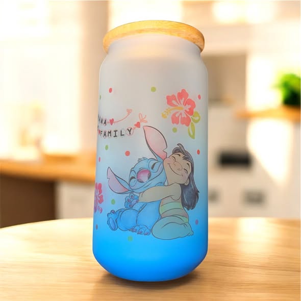 16oz Frosted Ombre Sublimated Glass Cup -  Lilo and Stitch in Light Blue