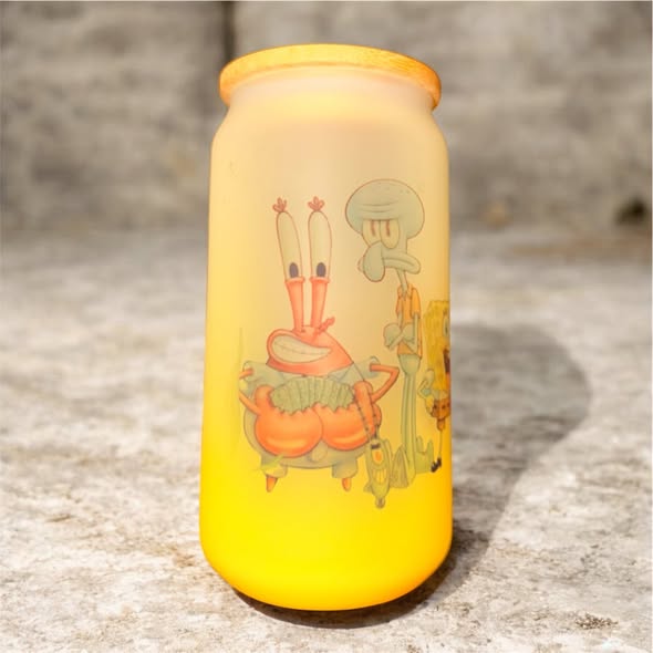 16oz Frosted Ombre Sublimated Glass Cup- Spongebob in Yellow