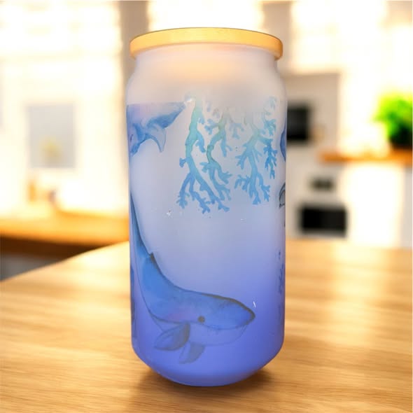 16oz Frosted Ombre Sublimated Glass Cup- Whale On Dark Blue