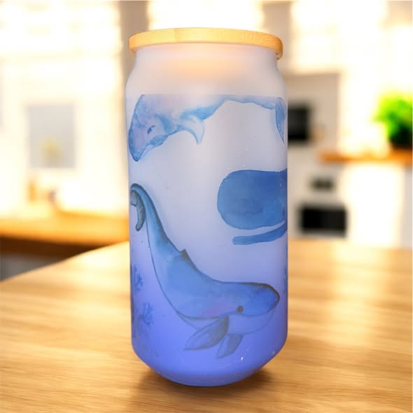 16oz Frosted Ombre Sublimated Glass Cup- Whale On Dark Blue