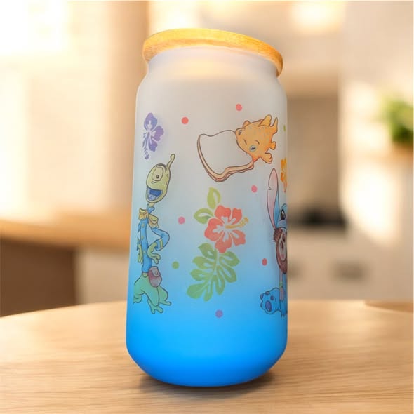 16oz Frosted Ombre Sublimated Glass Cup -  Lilo and Stitch in Light Blue