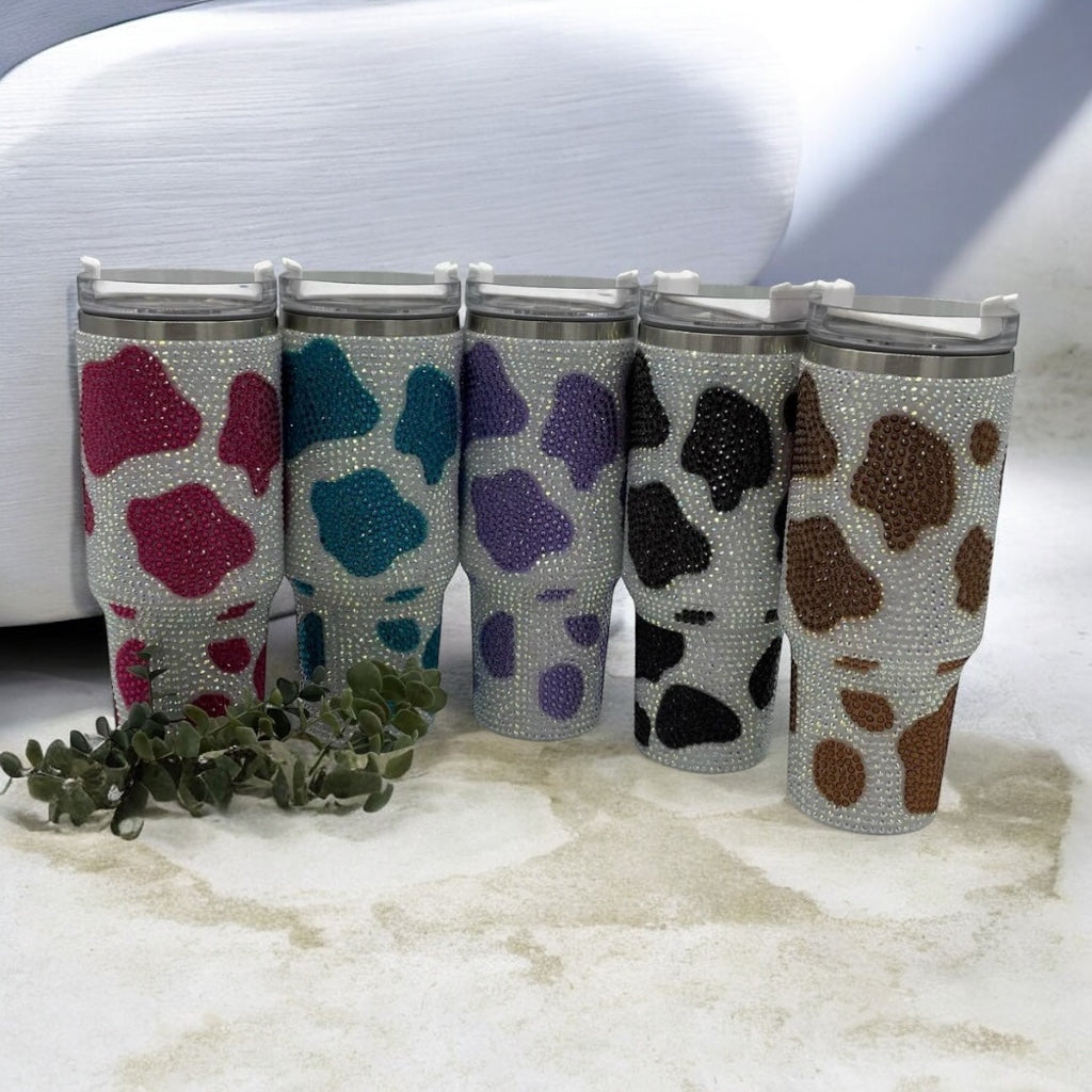 40oz Tumblers - Rhinestone Cow Print