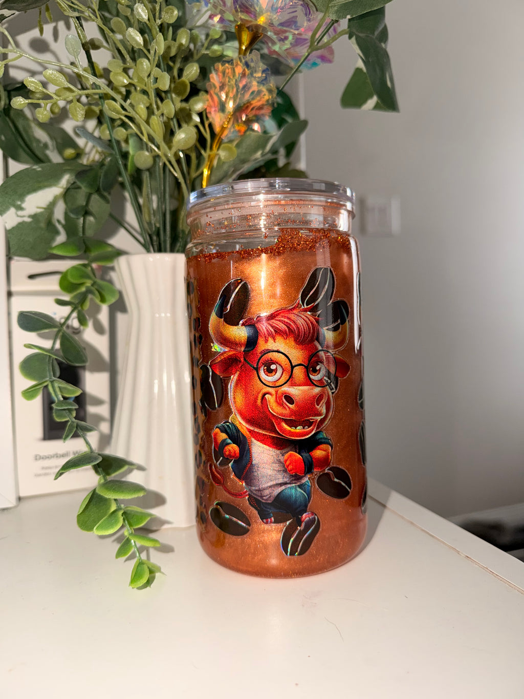 16oz Snowglobe Tumbler- life happens, coffee helps cow