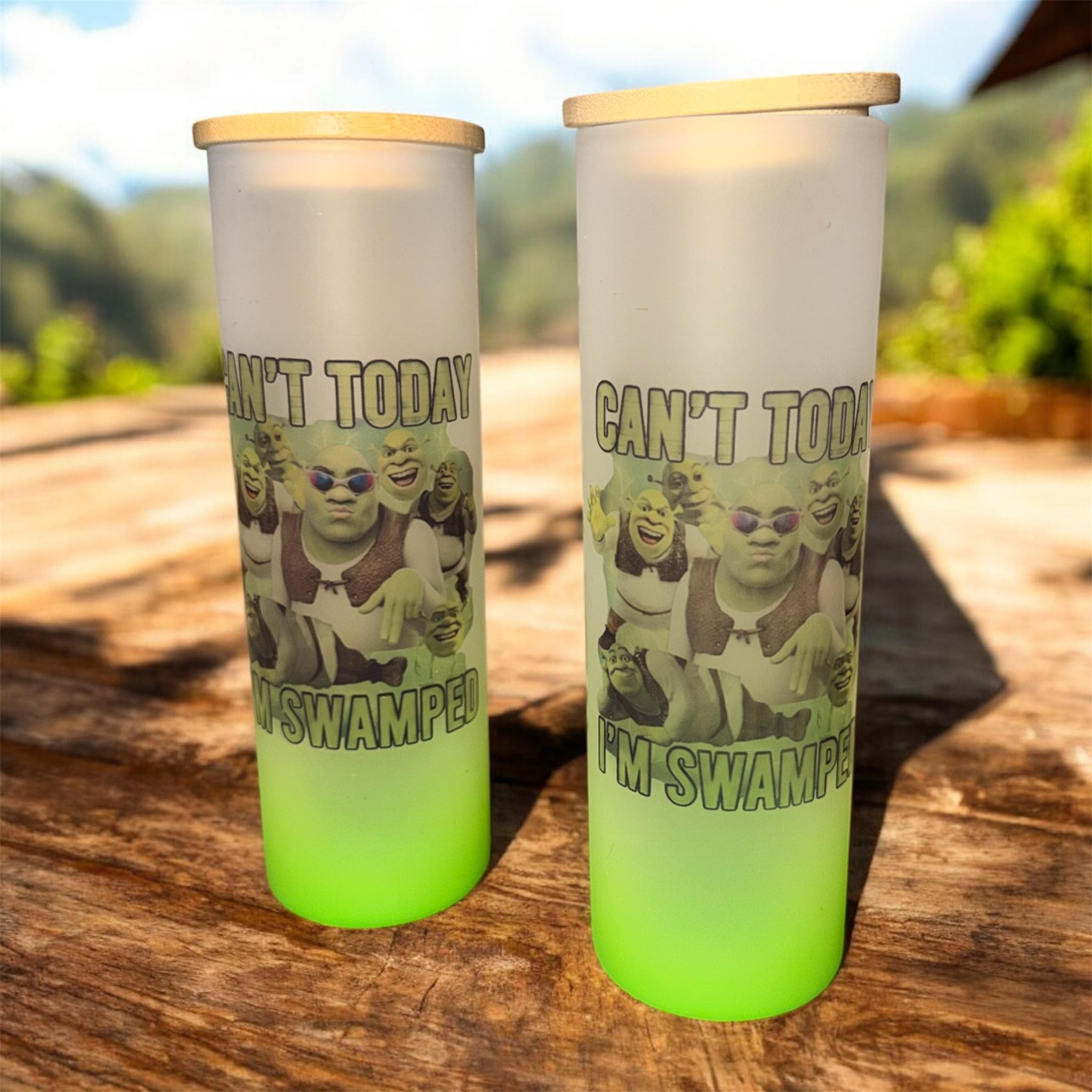 “Can’t Today, I’m Swamped” Shrek 20oz Frosted Ombre Glass Tumbler with wooden lid